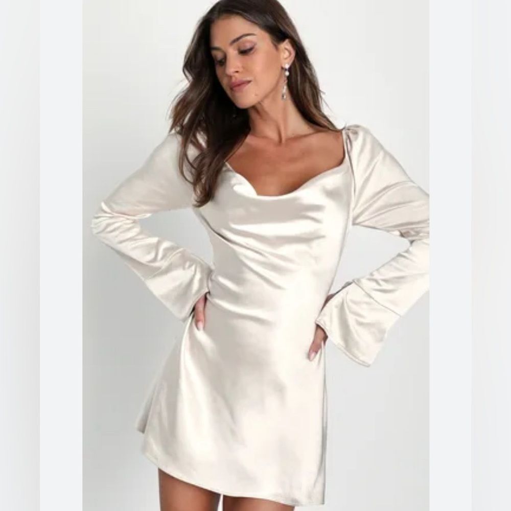 NEW Lulus sensational fate champagne cowl neck mini dress